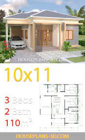 House Design 10x11 With 3 Bedrooms Hip Tiles House Plans 3d Simple House Design Building Plans House Bungalow House Plans