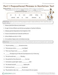 Part 1 Prepositional Phrases In Nonfiction Text Worksheet Education Com In 2020 Prepositional Phrases Prepositions Nonfiction Texts