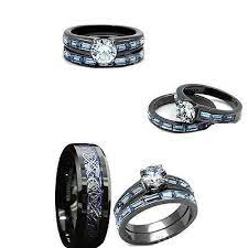 His Tungsten And Her Black Amp Blue Stainless Steelcz Engagement Wedding Ring Set Camo Wedding Rings Blue Wedding Ring Sets Tungsten Engagement Rings