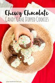 Chewy Chocolate Candy Cane Dipped Cookies Recipe Dipped Cookies Dessert Recipes Yummy Food Dessert