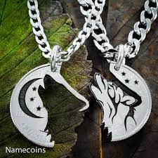 Howling Tribal Wolf With Moon Interlocking Necklaces Etched And Handcut Jewelry Ebay Couple Jewelry Tribal Wolf Wolf Jewelry
