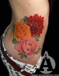 Lovely 3 Flower Realism Tattoo Women S Ladies Side Piece Pink Peony Yellow Rose By The Amazingly Talented An Marigold Tattoo Carnation Tattoo Rose Tattoos