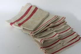 Made of finest cotton and linen. Vintage Red Stripe Grain Sack Flax Linen Towels French Country Kitchen Linens