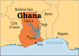 The map shows ghana, a country in west africa, bordered by the gulf of guinea in south, cote d'ivoire (ivory coast) in west, burkina faso in north, and togo in east. Ghana Operation World