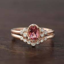 Unique Pink Tourmaline Engagement Ring Antique Inspired Diamond Wedding Ring Set 14k Rose Gold October Birthstone Tourmaline Engagement Ring Pink Tourmaline Engagement Ring Rose Engagement Ring