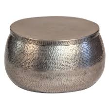 Metal hammered drum coffee table with storage and wooden lid. Silver Hammered Coffee Table Peter Corvallis Productions Tent Party Wedding Rentals Portland Rental Decor Portland