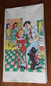 1950s Funny Vintage Kitchen Tea Towel P S Creations Cute Couple Dad Feeds Baby While Mom Plays Cards Vintage Tea Towels Kitchen Tea Towels Vintage Humor