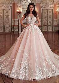 Stunning Tulle Organza Bateau Neckline Ball Gown Wedding Dress With Lace Appliques 3d Flowe Royal Wedding Gowns Light Pink Wedding Dress Ball Gowns Wedding