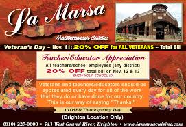Appreciation Days For Veterans And Teachers Educators At La Marsa In Brighton Mi On November 11 12 13 Veterans And Teachers Get School Id La Marsa Veteran