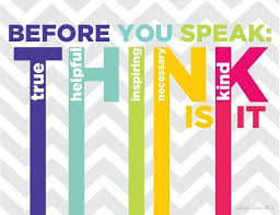 Text is in rainbow colors and black. Think Before You Speak Printable Posters Teach Junkie