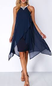 Asymmetric Hem Embellished Neck Navy Blue Chiffon Dress Navy Blue Chiffon Dress Blue Chiffon Dresses Shop Casual Dresses