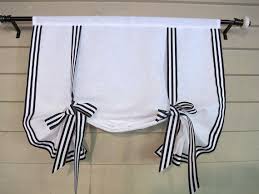 Black And White Striped Valance Curtains White Linen With Black White Stripe Gross Grain Ribbon Trim 48 Long Stage Coach Blind Swedish Roll Up Shade Tie Up Curt Tie Up Curtains Curtains Tie Up Shades