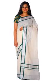 Kerala kuthampully set mundu new designs kerala kuthampully set saree tissue kerala saree with blouse designs Kerala Silver Kasavu And Green Colour Border Saree Southloom Com