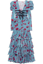 Zingara Ruffled Floral Print Silk Crepe Gown