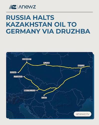 Russia will halt Kazakhstan's oil exports to Germany via the Druzhba  pipeline starting 1 May. An updated export schedule has already been sent  to both Kazakhstan and Germany.