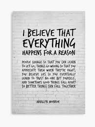 I Believe Everything Happens For A Reason Marilyn Monroe Quote Canvas Print By Inspirational4u Quote Posters Feelings Quotes Relationships Monroe Quotes