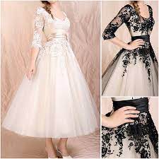 Champagne Black Lace Short Bridal Wedding Gown Tea Length 3 4 Sleeve Wedding Dress Cust Tea Length Wedding Dress Informal Wedding Dresses Wedding Dress Sleeves