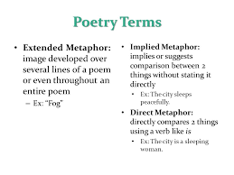 Analysis of this poem sets the stage for students' work with extended metaphor. Poetry Terms Extended Metaphor Image Developed Over Several Lines Of A Poem Or Even Throughout An Entire Poem Ex Fog Implied Metaphor Implies Or Ppt Download