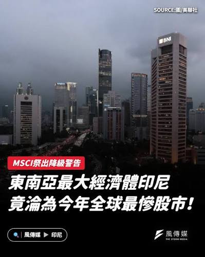 继上周五（16日）印尼股市大跌并触发熔断后，雅加达综合指数今日（19日）开市继续承压，并创下至2020年以来最低点。 据新加波媒体报导，明晟公司（MSCI）发出警告，可能在明年将印尼从“新兴市场”重新分类为独立市场或降级，继续冲击本已脆弱的投资者信心，印尼股市本周开 ...