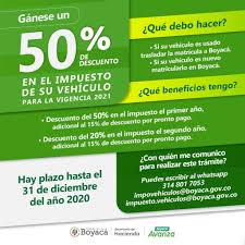 Estos porcentajes representaran la nueva reglamentación: Ganese 50 De Descuento En El Impuesto De Su Vehiculo Para El 2021 Gobernacion De Boyaca