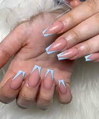Cute Manicure Cute Baby Blue V French Tip Coffin Nails Set Tap