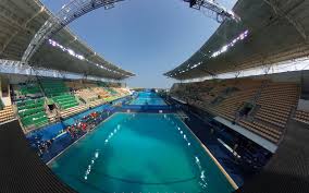 The water in the olympic diving pool was clear blue on aug. Panoramic View Of The Olympic Diving Pool