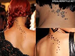 A decade and some change ago, the bad gal herself walking into a dingy tattoo parlor on 6th avenue in manhattan and requested a sanskrit tattoo on her leg from tattoo artist to the stars keith bang bang mccurdy. Rihanna Daily On Twitter Rihanna S Most Visible And Famous Tattoo The Stars Match Former Boyfriend Chris Brown S Trio Of Stars Behind His Ear Http T Co Hifqnvdykd