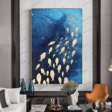 Framee Wall Art Abstract Gold Fish Acrylic Ocean Sea Painting On Canvas Navy Blue Painting Extra Large Wall Art Pictures Cuadros Abstractos Wall Art Pictures Blue Painting Modern Wall Art