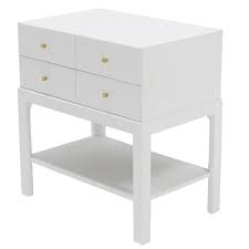 Minimal nightstand takes a modern turn in glossy white lacquer. White Lacquer Diamond Shape Brass Dimond Pulls Two Drawer Nightstand Soho Treasures