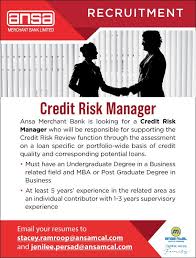 Salary information comes from 10 data points collected directly from employees, users, and past and present job advertisements on indeed in the past 36 months. Jobs Barbados And The Eastern Caribbean Credit Risk Manager Ansa Merchant Bank Limited Trinidad And Tobago Please Send Resumes To Stacey Ramroop Ansamcal Com Jenilee Persad Ansamcal Com ÙÙŠØ³Ø¨ÙˆÙƒ