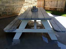 Painted My Bare 99 Picnic Tables From Lowe S With White Exterior Paint And Rust Oleum Weathered Gra Painted Picnic Tables Picnic Table Picnic Table Makeover