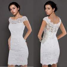 Simple Short Jewel Neckline Sheath Wedding Dresses 2015 Summer Beach Lace Short Sleeves Beaded Knee Length Cheap Bridal Dress Gowns Hot Sale Second Hand Wedding Simple Wedding Dress Short Sheer Wedding