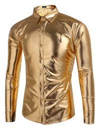 Coofandy Mens Metallic Nightclub Slim Fit Long Sleeve Button Down Party Shirts X Large Golden