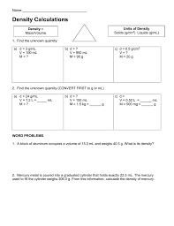 Calculation worksheet for how dense are you? Density Calculations Worksheet I