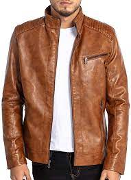 Vicalled Mens Leather Jacket Slim Fit Stand Collar Pu Motorcycle Jacket Lightweight Yellow At Amazon Men S Clothing Men S Leather Jacket Leather Jacket Jackets