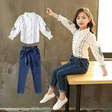 Girls Clothing Set 4 15 Years Autumn Long Sleeve Fungus Lace Blouse 2 Pcs Set Shirt Denim Pant Korean Style Shirt P Girls Clothing Sets Clothes Outfit Sets