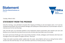 Victorian premier daniel andrews is doing well after being taken to hospital following a concerning fall this morning. Bpviriz Mrm42m