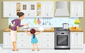 Download this free vector about cartoon kids cooking set with children and adults flat characters kitchen furniture equipment and food images vector illustration, and discover more than 14 million professional graphic resources on freepik Mother And Daughter Washing The Dishes Girl Help Her Mum In Royalty Free Cliparts Vectors And Stock Illustration Image 141788554