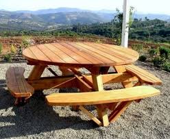 Round Wooden Picnic Tables Attached Benches Round Picnic Table Picnic Table Picnic Table Plans