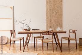 Here are the top korean home decor shops you need to visit today. Fototapete Stylish And Beige Interior Of Dining Room With Design Wooden Table And Chairs Vase With Flowers Sculpture Elegant And Rattan Accessories Korean Style Of Home Decor Wooden Parquet Template Followtheflow