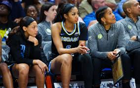 Chicago Sky forward Angel Reese (5) reacts on the bench during the second  half against the Dallas Wings at College Park Center. | HoopsHype
