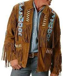 Western Style Texas Buck Skin Brown Buffalo Beaded Long Fringe Leather Jacket Fringe Leather Jacket Western Fashion Fringe Jacket