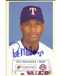 Earliest known Patrick Mahomes autograph! Really cool item that I picked up  last year. Pat Mahomes (Sr.) was a relief pitcher for the Texas Rangers and  signed this postcard for a fan