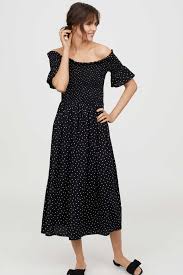 Black Dotted Calf Length Off The Shoulder Dress In Woven Fabric With A Printed Pattern Wide Smocking At Top Short Fashion Clothes Women Dresses Chic Dress