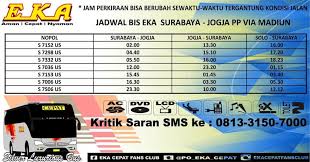 Sementara itu, jadwal bus jogja bandung menjalankan sekitar 4 kali keberangkatan dalam sehari, yaitu pukul 14.00 untuk bus jogja bandung daytrans, pukul 15.00 untuk bus pahala kencana, pukul 17.00 untuk bus daltrans, dan pukul 18.30 untuk bus kramat djati. Jadwal Keberangkatan Bus Eka Cepat Dan Harga Tiket Catatan Transportasi Umum Indonesia