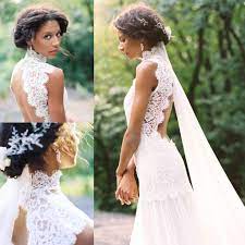 Vintage Lace Beach Chiffon Wedding Dresses 2015 Summer High Neck Backless White Mermiad Long Bridal Gowns Cheap Vestido De Novia From Ilovewedding 158 80 Dh Glamourous Wedding Dress Lace Wedding Dress