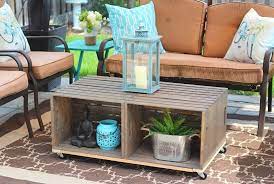 The final size of this diy outdoor coffee table is 16″ tall x 17.5″ wide x 42″ long. Diy Outdoor Crate Coffee Table With Wheels Rustic Farmhouse