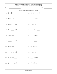 The Unknown Blanks In Equations All Operations Range 1 To 9 Any Position A Math Worksheet From The Algebra Worksheets Equations Pre Algebra Worksheets