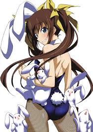 kurashima tomoyasu, huang lingyin, infinite stratos, absurdres, highres,  official art, 10s, 1girl, :>, :<, :d, animal ears, ass, back,  backless leotard, blue eyes, blush, brown hair, choker, fake animal ears,  female focus,