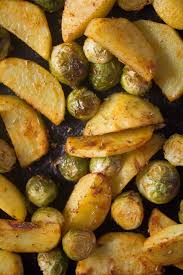Roasted Potatoes And Brussels Sprouts Recipe Brussel Sprouts Sprout Recipes Vegetable Dinners